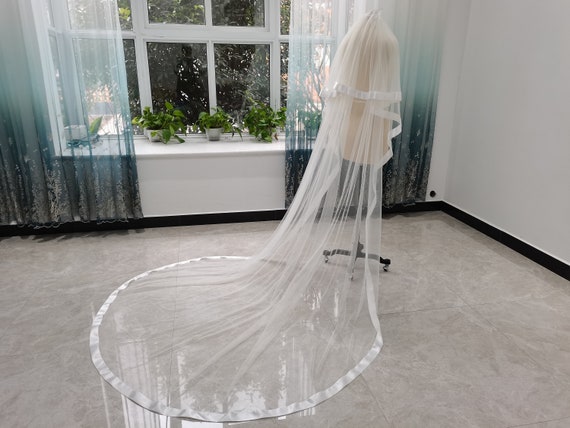 Two Layer Satin Ribbon Wedding Veil White Tulle Cathedral  display picture 1