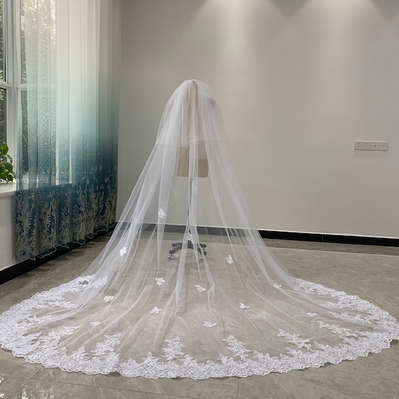 Two Layers Veil, White Cathedral Bridal Veil, Lace Wedding 