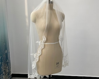 Fingertip Length Lace Wedding Veil Lace Edge Veil White Or Ivory Tulle One Layer Veil Cathedral Length Veil Lace Bridal Veil