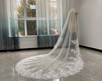 Beautiful Bridal Veil Lace Applique Cathedral Wedding Veil Single Layer Veil White Tulle Wedding Veil Ivory Bridal Veil