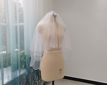 Two Layers White/Ivory Tulle Veil Handmade Wedding Veil With Beaded Edges Beautiful Bridal Veil + Comb Bridal Wedding  Hair Accessories