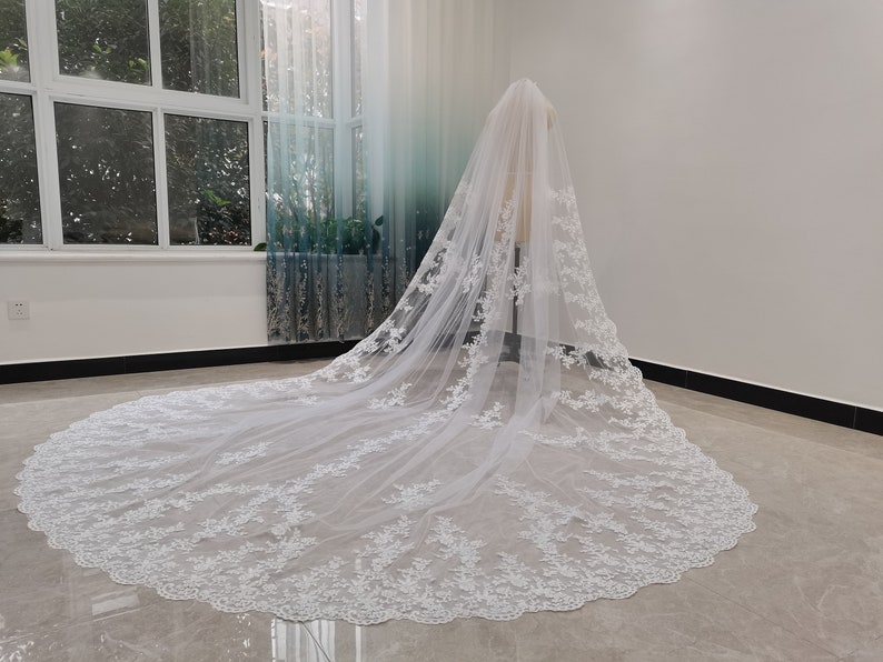 Romantic Wedding Lace Cathedral Veil White Or Ivory Cathedral Length One Layer Tulle Lace Edge Decoration Bridal Veil With Comb image 8