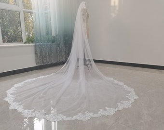 White Cathedral Tulle Lace Edge Bridal Veil Ivory One Layer Tulle Full Edge Lace Gorgeous Cathedral Wedding Veil Bridal Hair Jewelry