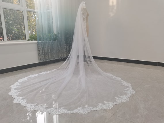Beautiful Ivory Tulle Cathedral Wedding Veil With Sequin Lace Applique Edge Beautiful Ivory Tulle Cathedral Wedding Veil With Sequin Lace Applique Edge