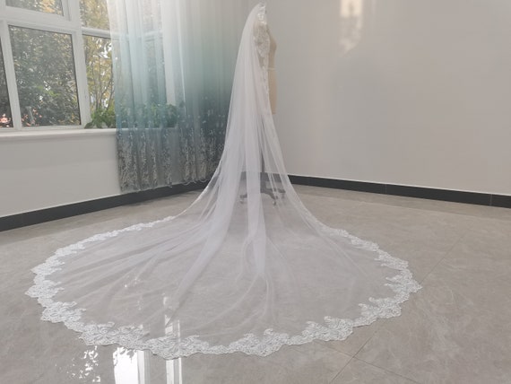 lace edge wedding veil one layer white ivory bridal veil cathedral length  without comb tulle