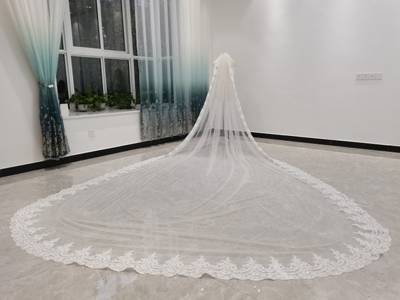 Elegant Long White Veil With Gorgeous Beading Petal Shape Wedding Veil, Beaded Sequined Lace Bridal Veil  main image 3
