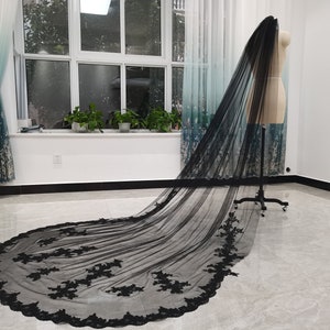 Black Cathedral Wedding Veil, Single Layer Black Wedding Veil, Lace Bridal Veil, Black Tulle Wedding Veil, Lace Cathedral Wedding Veil