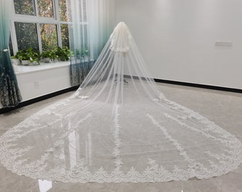 Cathedral Length Bridal Wedding Veil Lace Edge Veil White Two-tier Wedding Veil Ivory Regal Veil Wedding Accessories