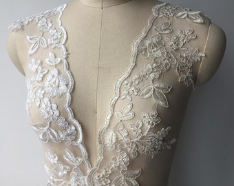 Champagne/White/Ivory Flower Tulle Lace Trim Bridal Wedding Ivory Embroidered Lace Trim is on sale. 90 cm for sale by Per Yard
