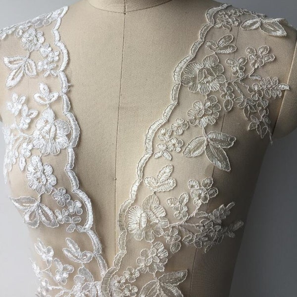 Champagne/White/Ivory Flower Tulle Lace Trim Bridal Wedding Ivory Embroidered Lace Trim is on sale. 90 cm for sale by Per Yard