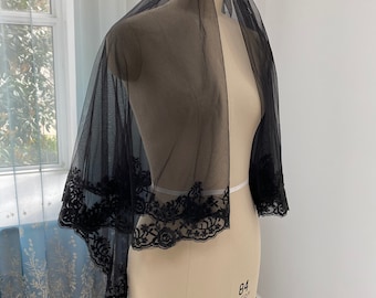 Velo de novia negro, marfil o blanco, dos capas, encaje, corto, con peine