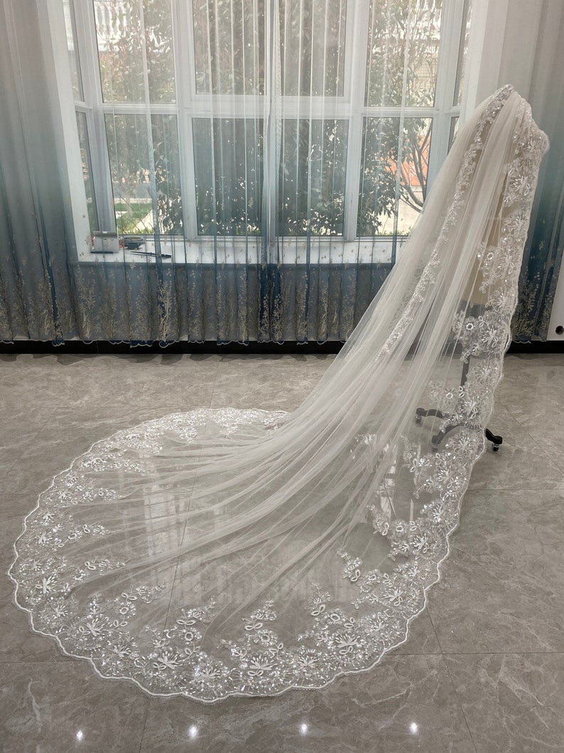 Cathedral Wedding Veil White Tulle Veil Sequin Lace Veil - Etsy