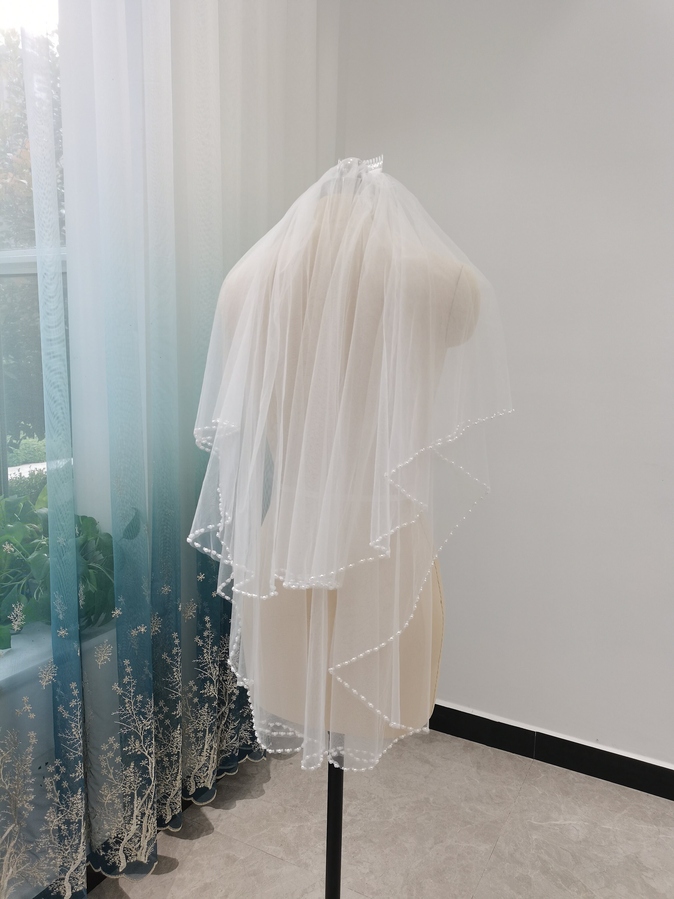 Wedding Veil White Or Ivory Two Layer Tulle Handmade Beaded Etsy
