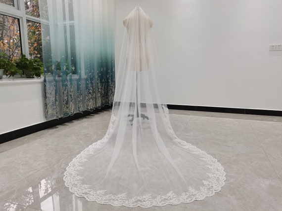 White Cathedral Wedding Veil Lace Bridal Veil Ivory Soft  display picture 3