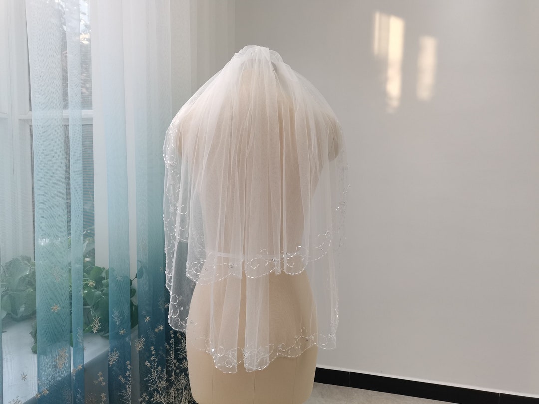 Wedding Veil Handmade Beaded Edge White Ivory Two Layer Veil Etsy