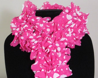 Hand Knitted Pink With White Polka Dot Ruffle Scarf