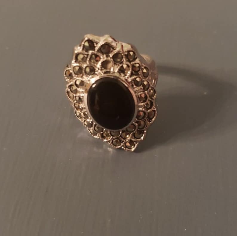 and Marcasite Ring Perfect condition size 5 Onyx Vintage Victorian Sterling Silver