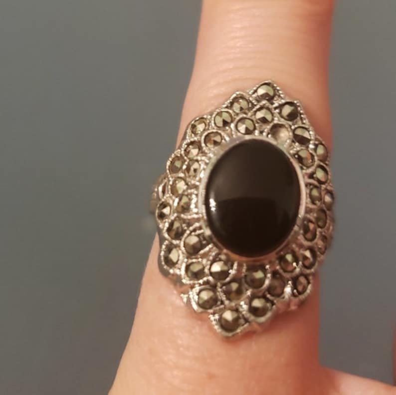 and Marcasite Ring Perfect condition size 5 Onyx Vintage Victorian Sterling Silver