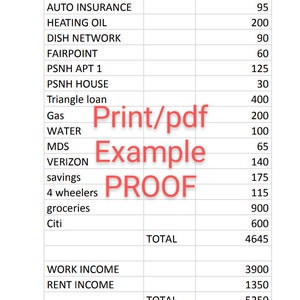 Pode incluir: Uma folha de cálculo detalhando as contas mensais, incluindo hipoteca, seguro e utilidades. O documento mostra os valores devidos e os totais, com as palavras "Print/pdf", "Example" e "PROOF" sobrepostas em vermelho.