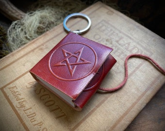 Tiny Leather Grimoire Keychain: Pentacle Witch Book of Shadows