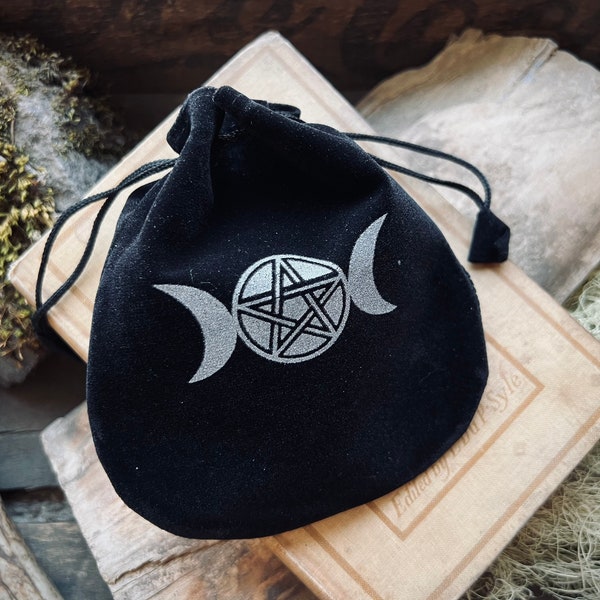 Velvet Triple Moon Goddess Pentacle Drawstring Bag | Witchcraft | Hex Bag | Juju Bag | Spellcraft | Spell Bag | Crane Bag