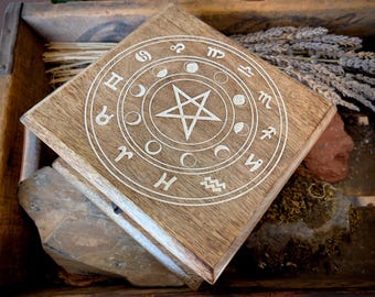 Carved Wooden Pentacle Box: Astrology Moon Phase Altar Decor