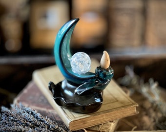 Ceramic Crescent Moon Backflow Incense Burner with Crystal Sphere