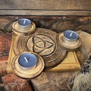 Candle Holder Triquetra Wooden Tealight Holder Witch Altar Decor Three Wood Candle Magick Witchcraft Power of Three Candles Gift for Her