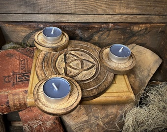 Candle Holder Triquetra Wooden Tealight Holder Witch Altar Decor Three Wood Candle Magick Witchcraft Power of Three Candles Gift for Her
