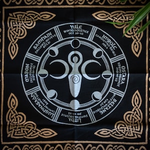 Black Goddess Calendar Moon Altar Cloth Decor Pagan Holidays Solstice Wicca Dates Witchy Wheel of the Year Gift for Witch Imbolc Yule Mabon