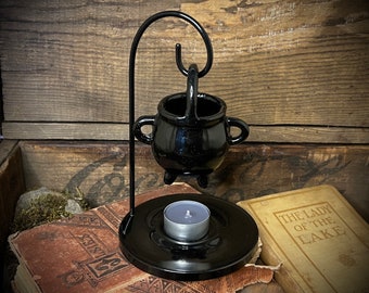 Hanging Cauldron Oil Diffuser: Ceramic Tealight Candle Holder, Witch Altar Decor