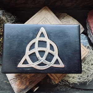 Black TRIQUETRA Wood Box | Apothecary | Herb Storage | Spellbox | Trinket Keeper | Cupboard | Altar Decor | Triquetra Wooden Box