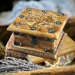 Tree of Life Wooden Box with Metal Accents Carved Altar Decor Spellbox Witch Gift Curio Box Manifestation