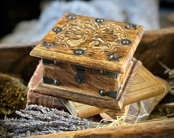 Carved Tree of Life Wooden Box: Altar Decor Spellbox with Metal Accents