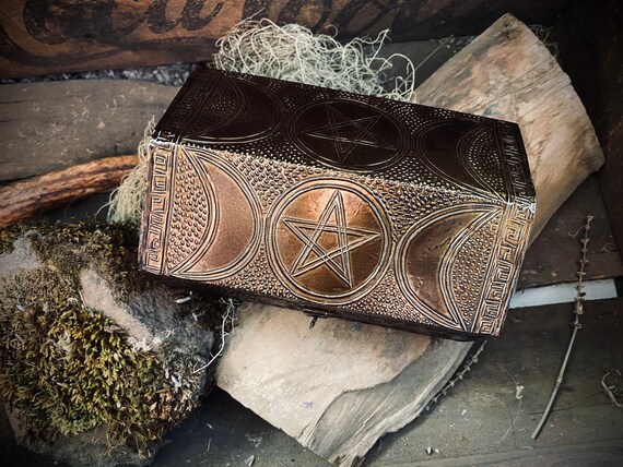 Imperfect Embossed Triple Moon Pentacle Wooden Box | Apothecary | Herb Storage | Spellbox | Trinket Keeper | Cupboard | Altar Decor