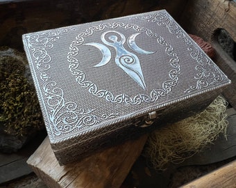Embossed Metal Triple Moon Goddess Box | Apothecary | Herb Storage | Spellbox | Trinket Keeper | Cupboard | Altar Decor | Gaia