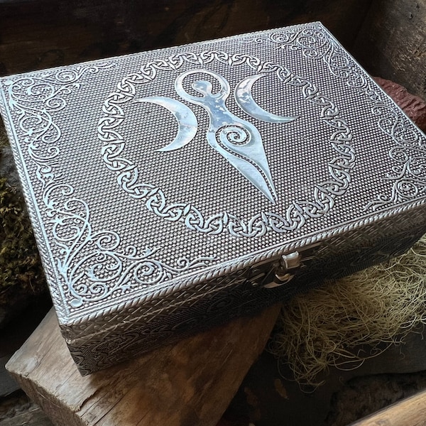 Embossed Metal Triple Moon Goddess Box | Apothecary | Herb Storage | Spellbox | Trinket Keeper | Cupboard | Altar Decor | Gaia