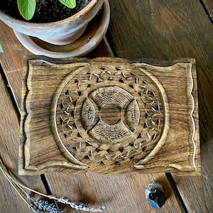 Handcarved Triple Moon Wood Box | Apothecary | Herb Storage | Spellbox | Trinket Keeper | Moon Goddess | Altar Decor