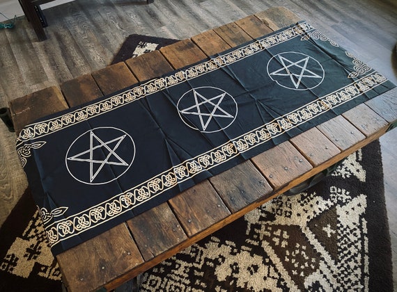 XL Pentacle Altar Cloth: Black & Gold Celtic Table Runner