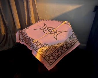 Triple Moon Altar Cloth: Pink and Gold Celtic Goddess Decor (21x21)