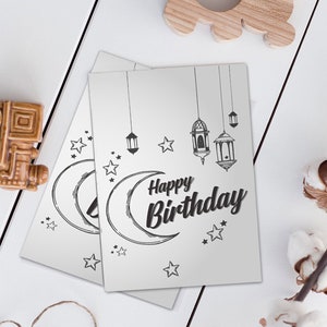 Tarjeta de cumpleaños vintage minimalista con luna - flores - estrellas - faroles carta para descargar en vector - editable - personalizable