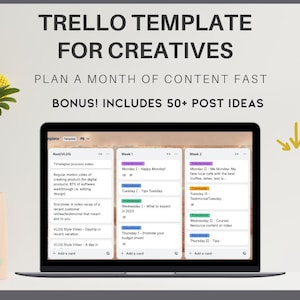 May include: A laptop displays a Trello template for creatives, with the text "TRELLO TEMPLATE FOR CREATIVES" at the top. The screen shows a content calendar with post ideas. The image also includes the text "PLAN A MONTH OF CONTENT FAST" and "BONUS! INCLUDES 50+ POST IDEAS".