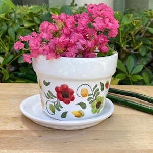 Puede incluir: Una maceta de cerámica blanca con un diseño floral con flores rojas, amarillas y verdes. La maceta tiene un platillo a juego y está llena de flores rosas.