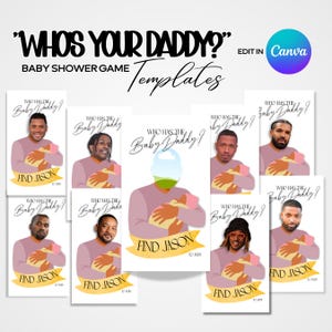 May include: A baby shower game template with the text "WHO'S YOUR DADDY?" and "Baby Shower Game Templates". The game features illustrations of people holding babies, with the text "FIND JASON" on a banner.