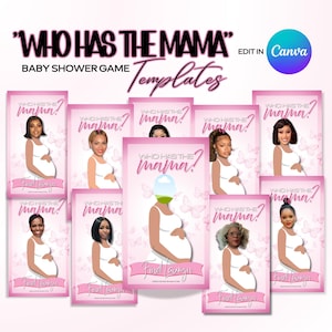 Könnte beinhalten: Eine Sammlung rosa Babyparty-Spielvorlagen mit dem Titel "Who Has The Mama?" mit Illustrationen schwangerer Frauen. Die Vorlagen enthalten den Text "Baby Shower Game Templates" und "Fud Langu". Das Canva-Logo ist sichtbar.