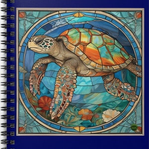 May include: A stained glass style illustration of a sea turtle swimming in the ocean. The turtle is surrounded by colorful coral and seaweed. The background is a deep blue.