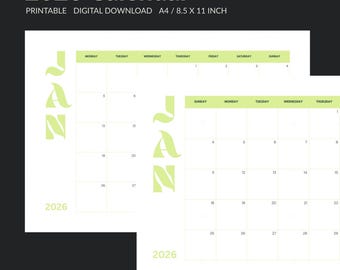 2026 Calendar Printable,  A4 & 8.5x11,  Monday and Sunday Start, Monthly Planner, Monthly Calendar, Printable PDF