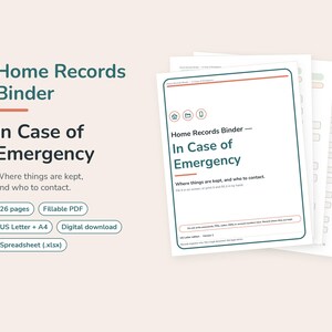 Emergency Binder, Home Records Binder - In Case of Emergency, Important Documents Organizer, Fillable PDF and Spreadsheet, Printable