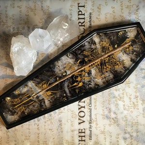 Coffin Shaped Incense Holder || Black Smoke & Gold Flake with Gold Skeleton