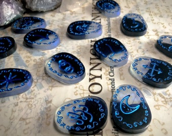 Witch's Runes || Two-Tone Translucent Sapphire Blue & Black Rune Stones || Handmade Set of 13 Tiles